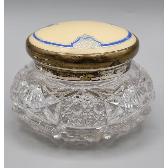 Vanity Jar Art Deco EAPG Clear Glass Celluloid Metal Lid Victorian Dresser Jar - Picture 3 of 10